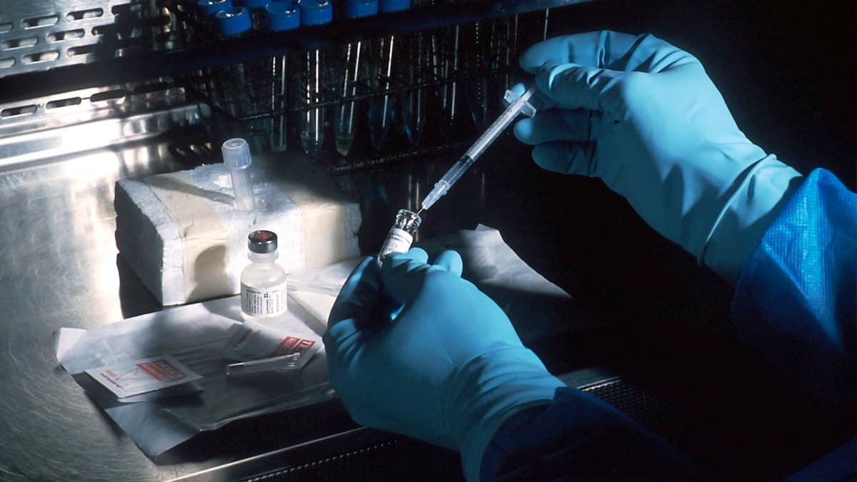 Gros plan sur des mains gantées préparant une seringue à partir d'un flacon de vaccin.